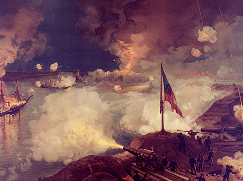 Picture of  battle between cannons on land and ships at sea, the flag flies in the picture