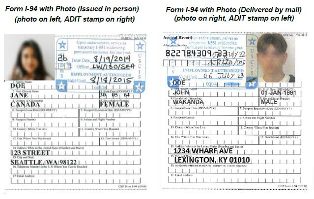 Sample I-94s with stamp & photo